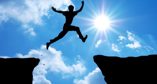 Man jump through the gap. Element of design.