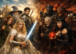 Group of fantasy characters, heroes on left, villains on right, against contrasting backgrounds