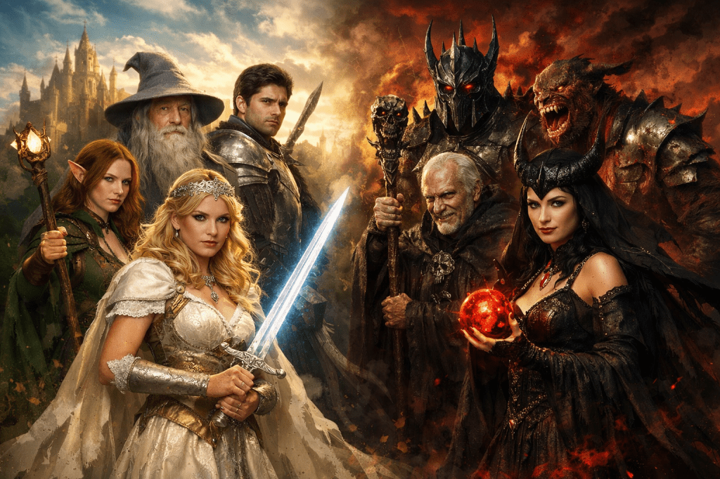 Group of fantasy characters, heroes on left, villains on right, against contrasting backgrounds