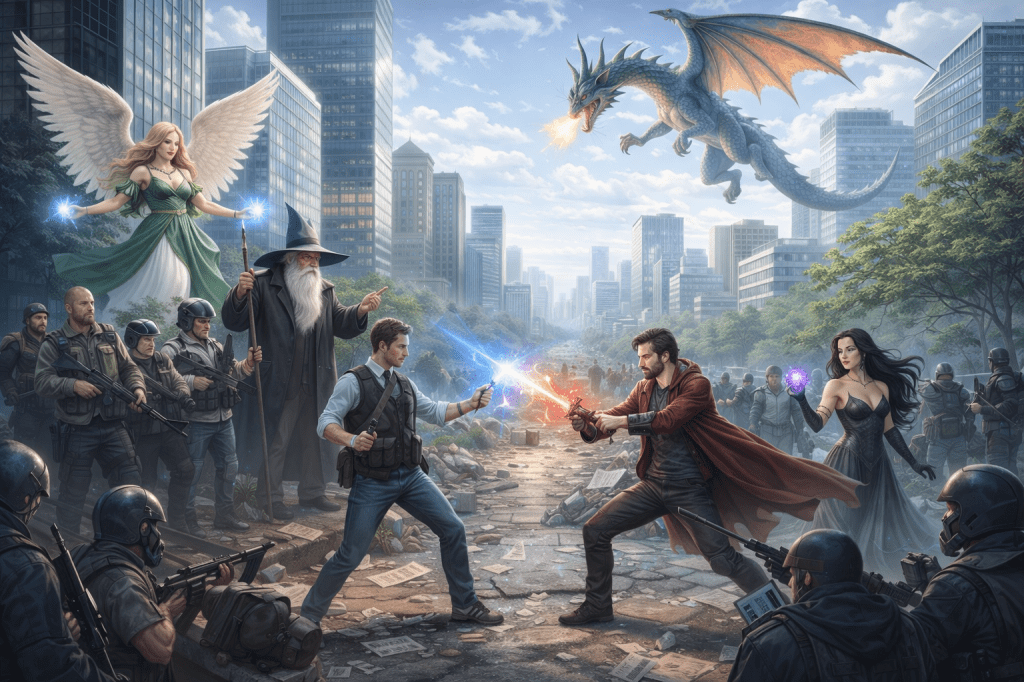 Armored knight and dark warrior clash swords amid a battle with angels, wizards, dragons, and demons