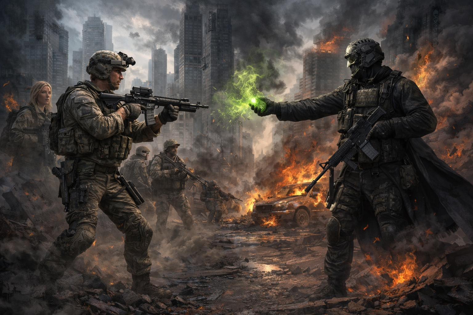 Knight in armor holding sword facing dark sorceress casting green magic with fiery battlefield