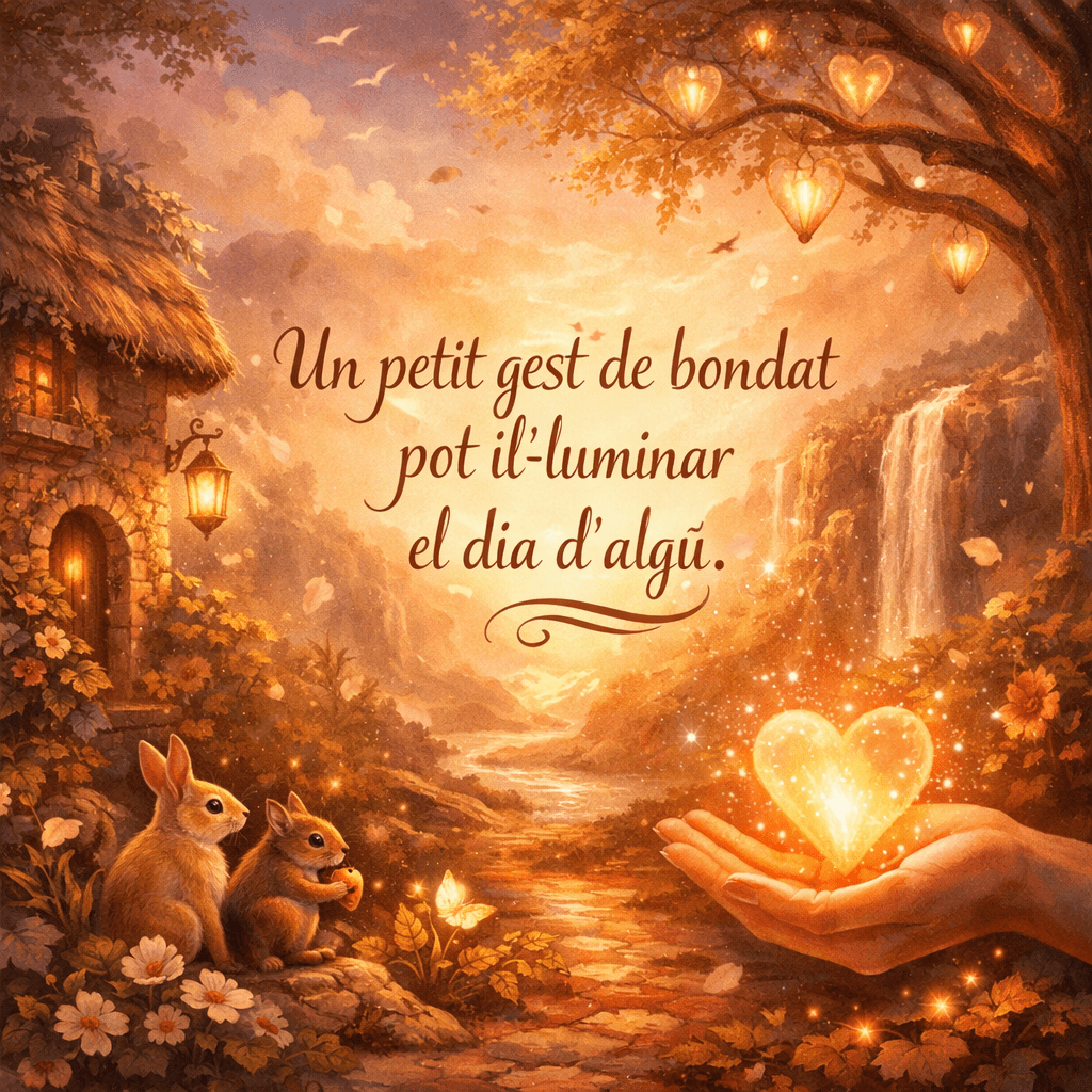 Hand holding a glowing heart surrounded by rabbits, flowers, and a warm forest landscape