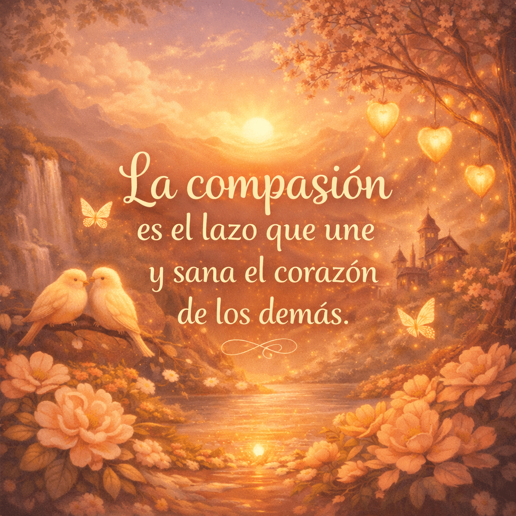 Text in Spanish encouraging being kind to oneself with birds, flowers, and a glowing sunset.
