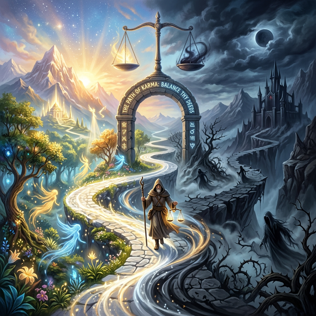 A robed person holding scales walks on a winding path from dark castle to bright mountains beneath an arch with scales and inscription about karma