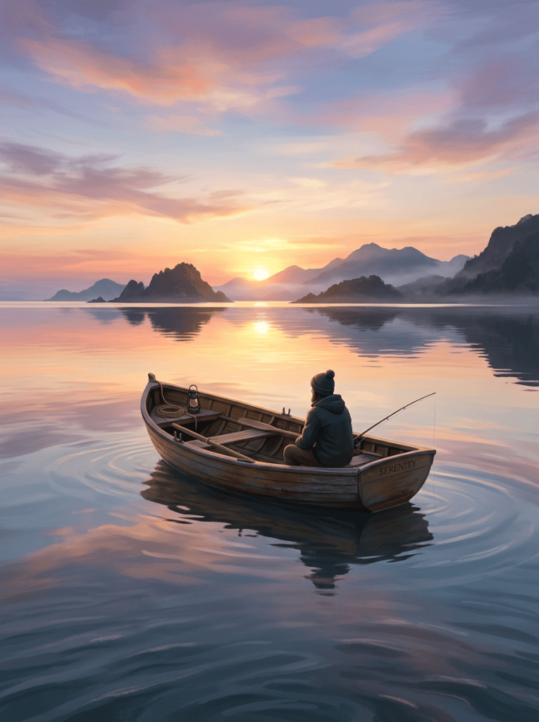 Person fishing alone in a wooden boat named Serenity on a calm lake at sunrise with mountains in the background