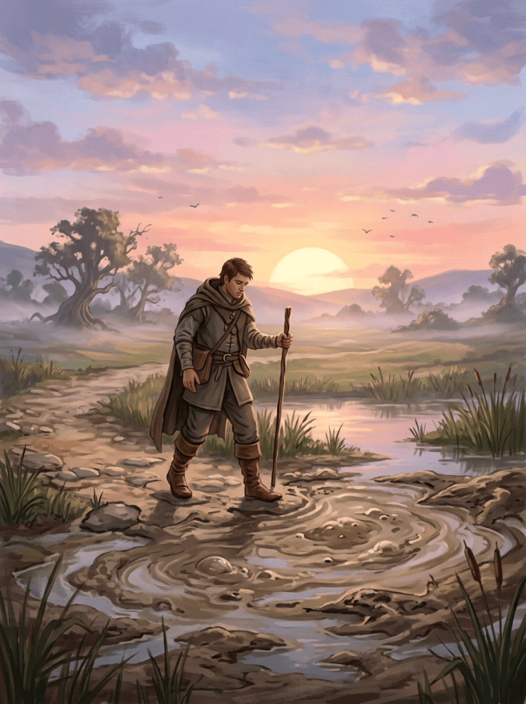 Young traveler in medieval clothing crossing muddy path with walking stick at sunset