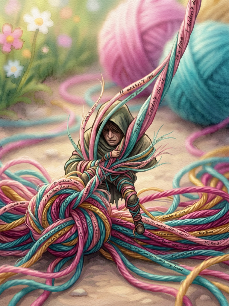 Hiker at a trail fork with signs for solid ground and crumbling sand paths