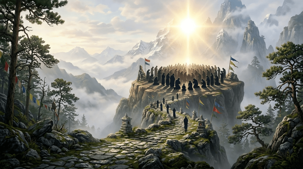 Monk walking on stone path towards a mountain monastery with prayer flags and fog
