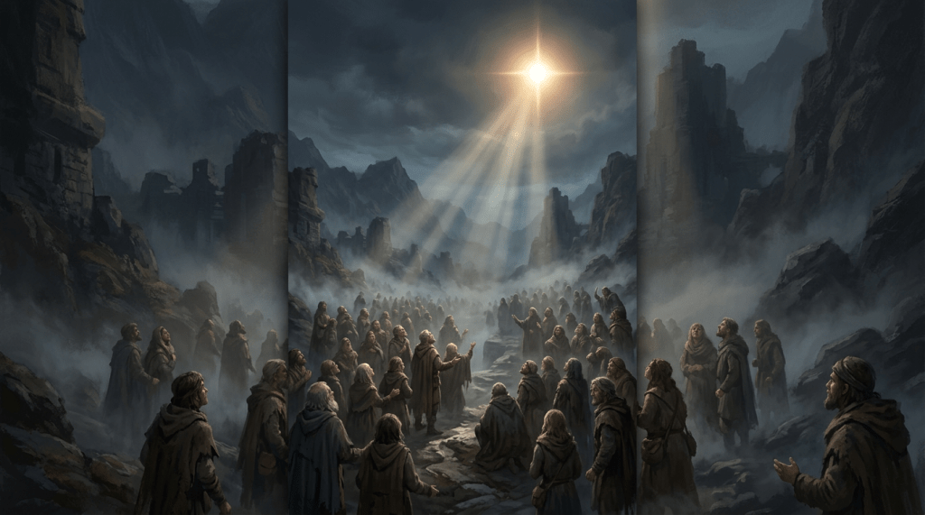Group of robed people in ruins looking up at bright divine light in cloudy sky