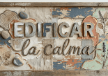 Handcrafted mixed-media artwork with the words 'EDIFICAR la calma' featuring natural textures and botanical elements