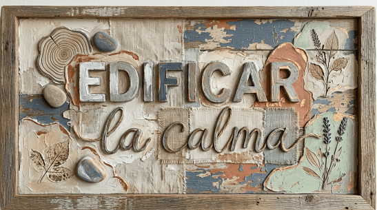 Handcrafted mixed-media artwork with the words 'EDIFICAR la calma' featuring natural textures and botanical elements