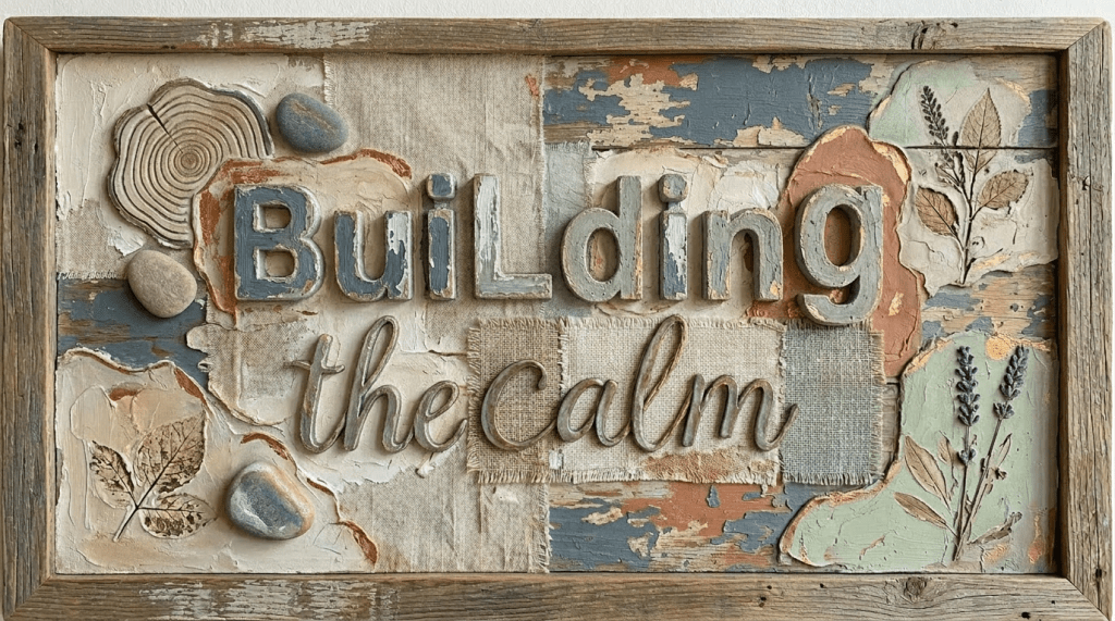 Handcrafted mixed-media artwork with the words 'EDIFICAR la calma' featuring natural textures and botanical elements