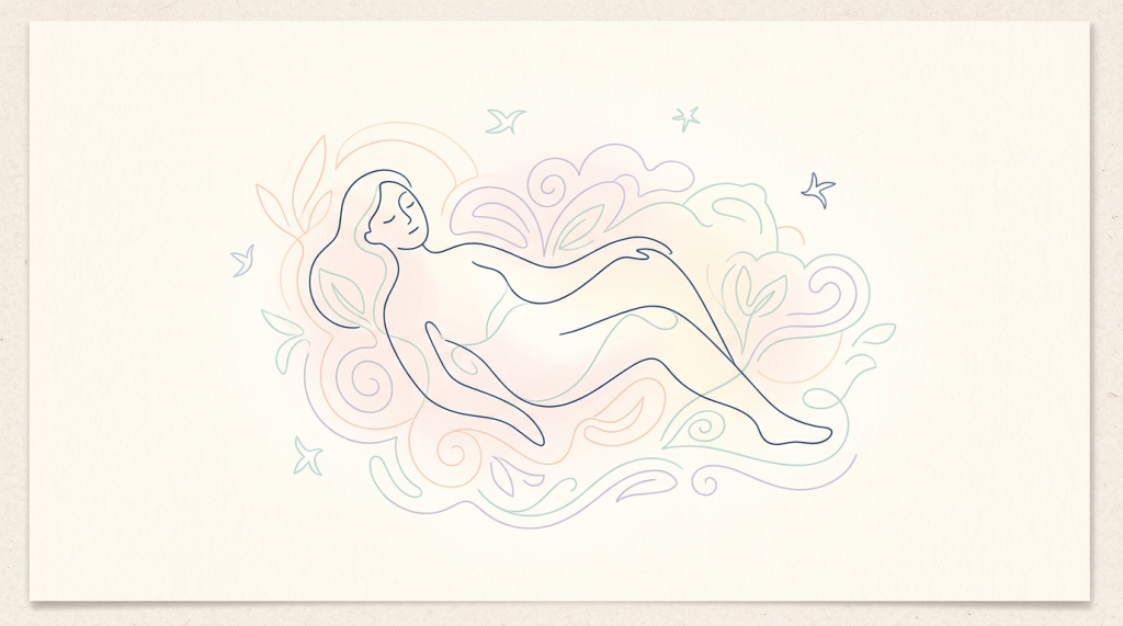 Abstract line drawing of a reclining woman surrounded by colorful leaves and swirls
