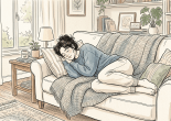 Woman sleeping curled up on a couch with cushions and a knitted blanket in a cozy living room