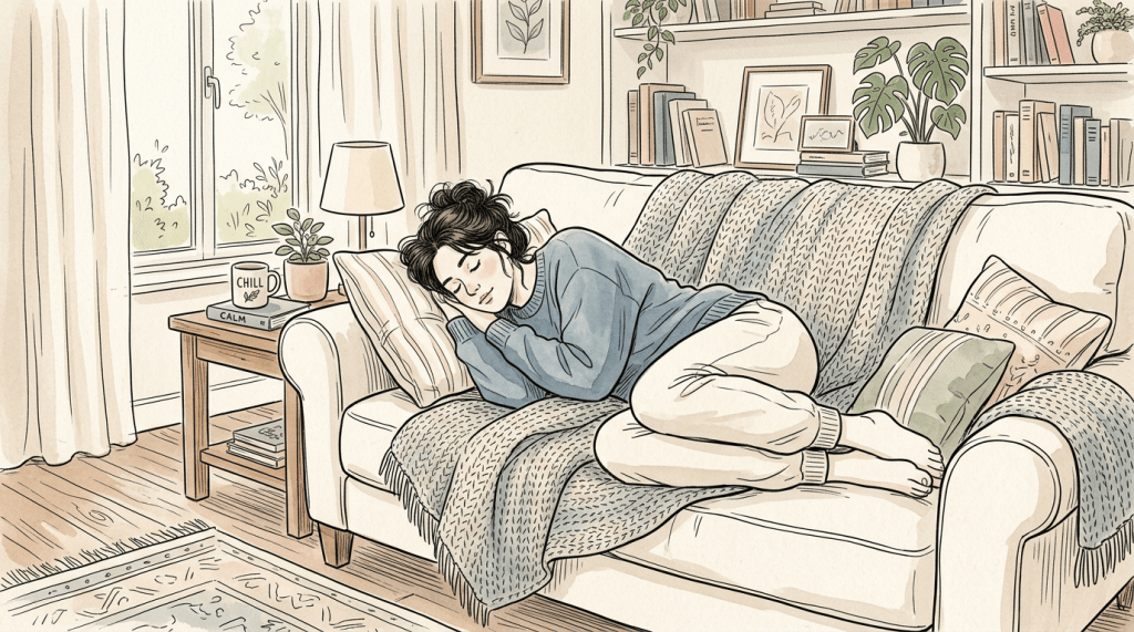 Woman sleeping curled up on a couch with cushions and a knitted blanket in a cozy living room