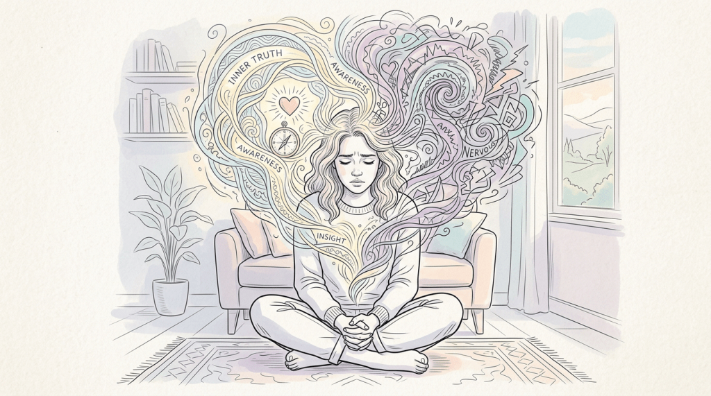 Woman meditating with swirling illustrations representing calm and anxious thoughts