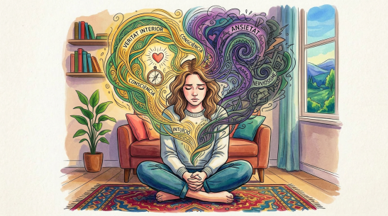 Woman meditating with swirling illustrations representing calm and anxious thoughts