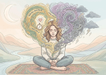 Woman meditating with swirling illustrations representing calm and anxious thoughts