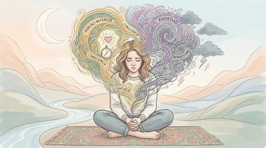 Woman meditating with swirling illustrations representing calm and anxious thoughts