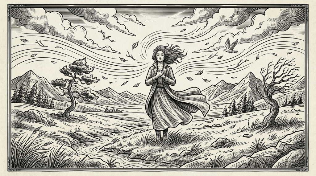 Line drawing of a winding path through hills and trees with the quote 'Find beauty in every step, embrace the journey'