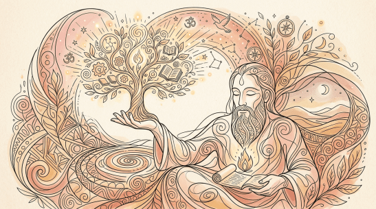A wise figure with a beard holding a glowing tree with books and symbols, surrounded by mystical patterns.