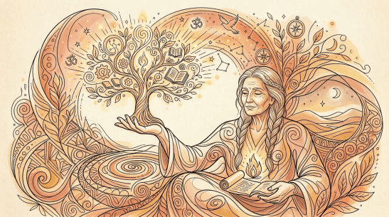 A wise figure with a beard holding a glowing tree with books and symbols, surrounded by mystical patterns.
