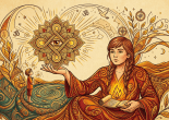 A wise figure with a beard holding a glowing tree with books and symbols, surrounded by mystical patterns.