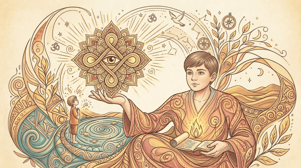 A wise figure with a beard holding a glowing tree with books and symbols, surrounded by mystical patterns.
