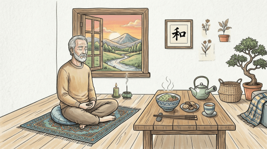 Person meditating cross-legged on cushion with wooden table holding steaming bowl, teapot, cup, and plant nearby