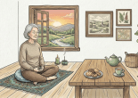 Person meditating cross-legged on cushion with wooden table holding steaming bowl, teapot, cup, and plant nearby