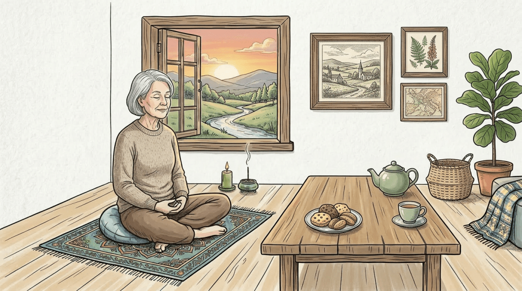Person meditating cross-legged on cushion with wooden table holding steaming bowl, teapot, cup, and plant nearby
