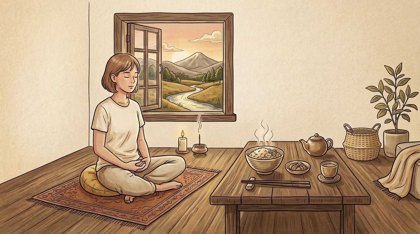 Person meditating cross-legged on cushion with wooden table holding steaming bowl, teapot, cup, and plant nearby