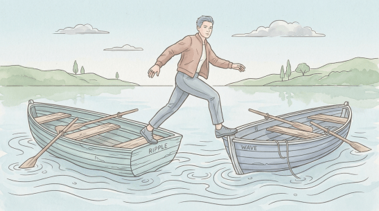 A man stepping from a boat labeled Ripple to a boat labeled Wave on water