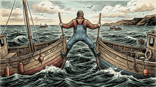 Fisherman standing straddling two wooden fishing boats named Sea Venture and Harvester on choppy sea waters