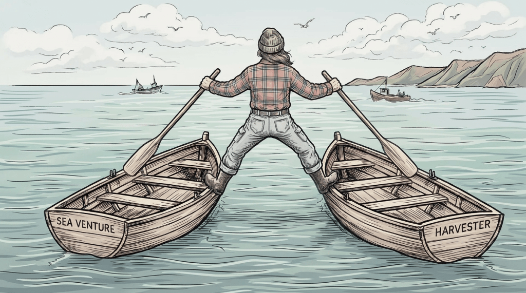 Fisherman standing straddling two wooden fishing boats named Sea Venture and Harvester on choppy sea waters