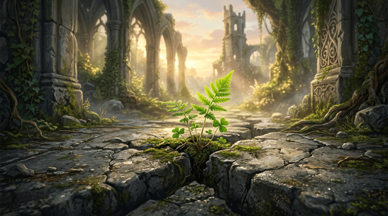Green fern and clover plants growing through cracked stone floor of ancient ruins