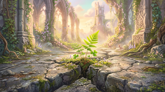 Green fern and clover plants growing through cracked stone floor of ancient ruins