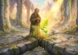 Green fern and clover plants growing through cracked stone floor of ancient ruins