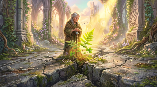 Green fern and clover plants growing through cracked stone floor of ancient ruins