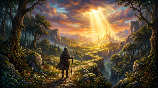 Hooded traveler with staff walking a winding path through lush landscape toward glowing city