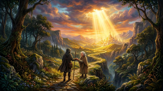 Hooded traveler with staff walking a winding path through lush landscape toward glowing city