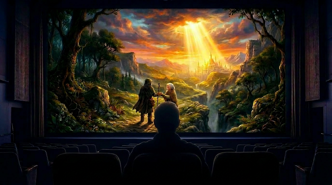 Hooded traveler with staff walking a winding path through lush landscape toward glowing city