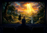 Hooded traveler with staff walking a winding path through lush landscape toward glowing city