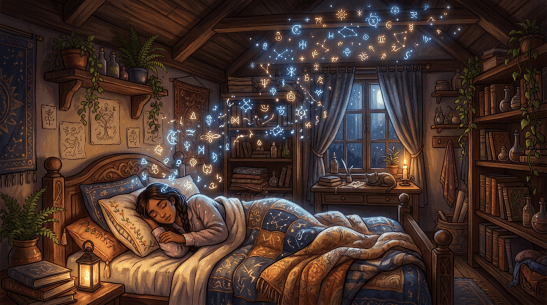 Young woman sleeping in bed with glowing magical symbols above her
