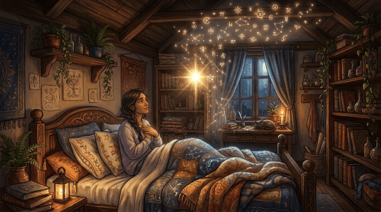 Young woman sleeping in bed with glowing magical symbols above her