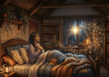 Young woman sleeping in bed with glowing magical symbols above her