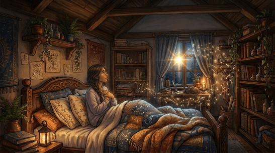 Young woman sleeping in bed with glowing magical symbols above her