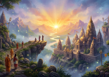 Monks and devotees walking along a rocky path toward a grand temple illuminated by sunrise