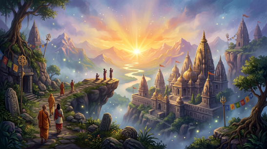 Monks and devotees walking along a rocky path toward a grand temple illuminated by sunrise