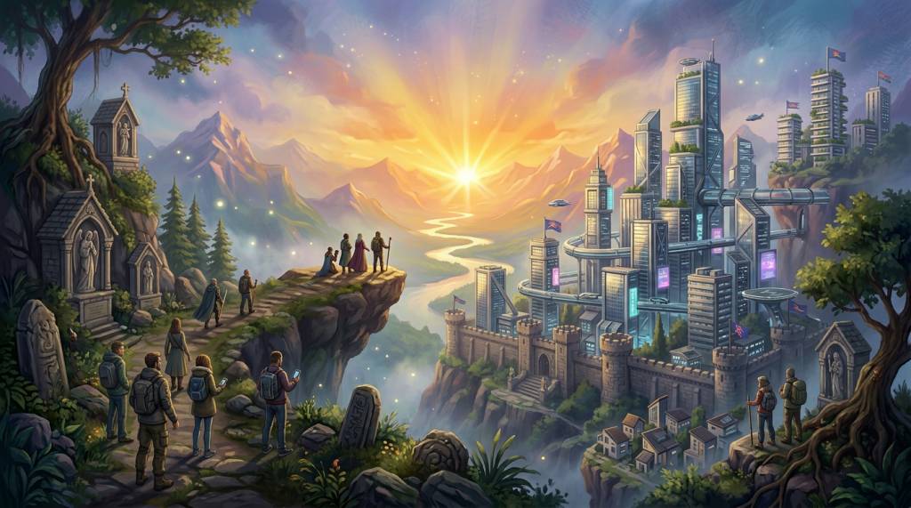Monks and devotees walking along a rocky path toward a grand temple illuminated by sunrise